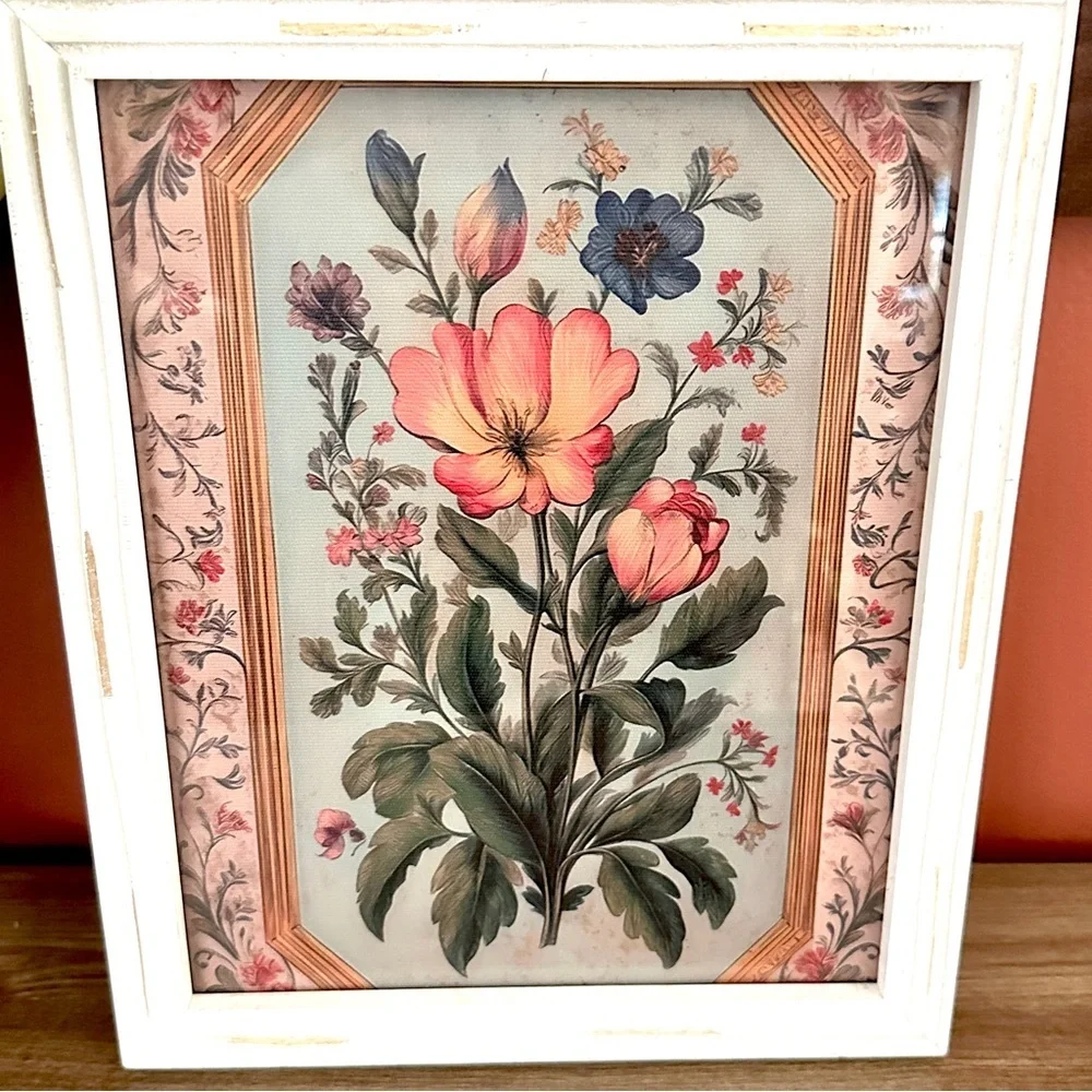 Vintage Style Floral Print White Framed Art Canvas Flower Art Print Wall Hanging